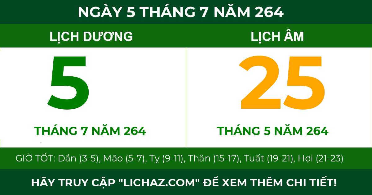 lịch âm ngày 5 tháng 7 năm 264