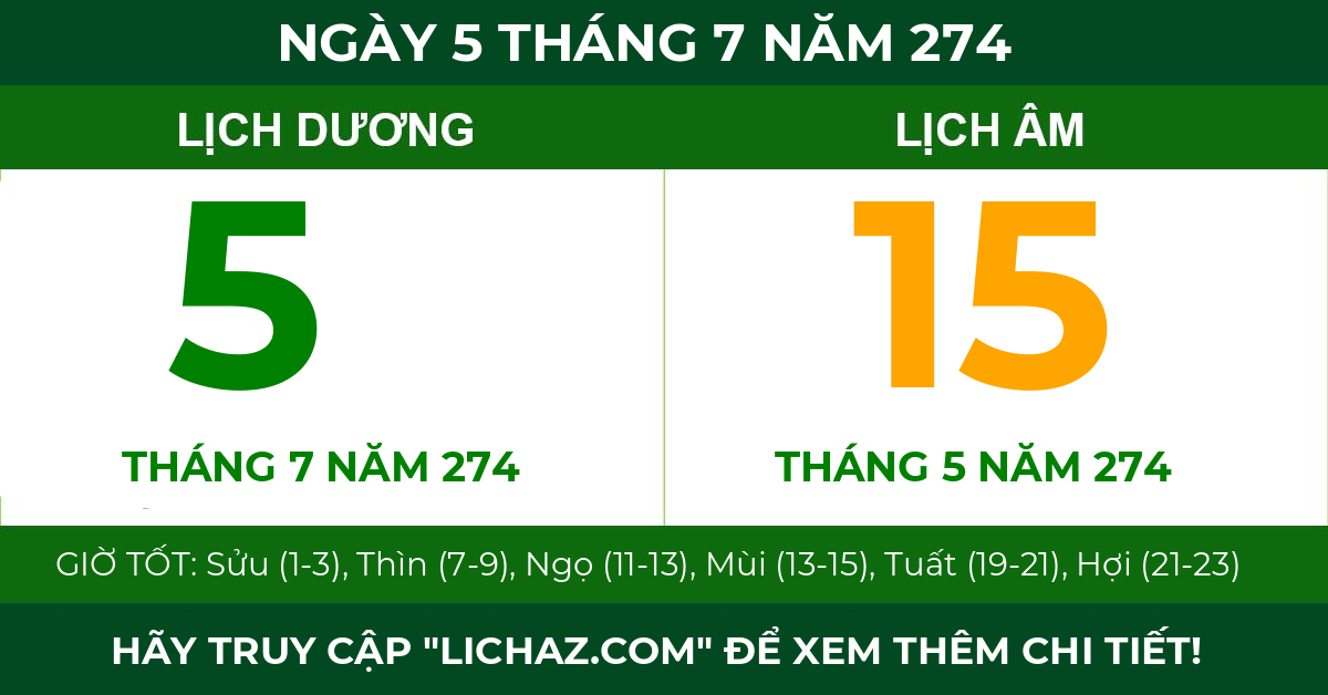 lịch âm ngày 5 tháng 7 năm 274