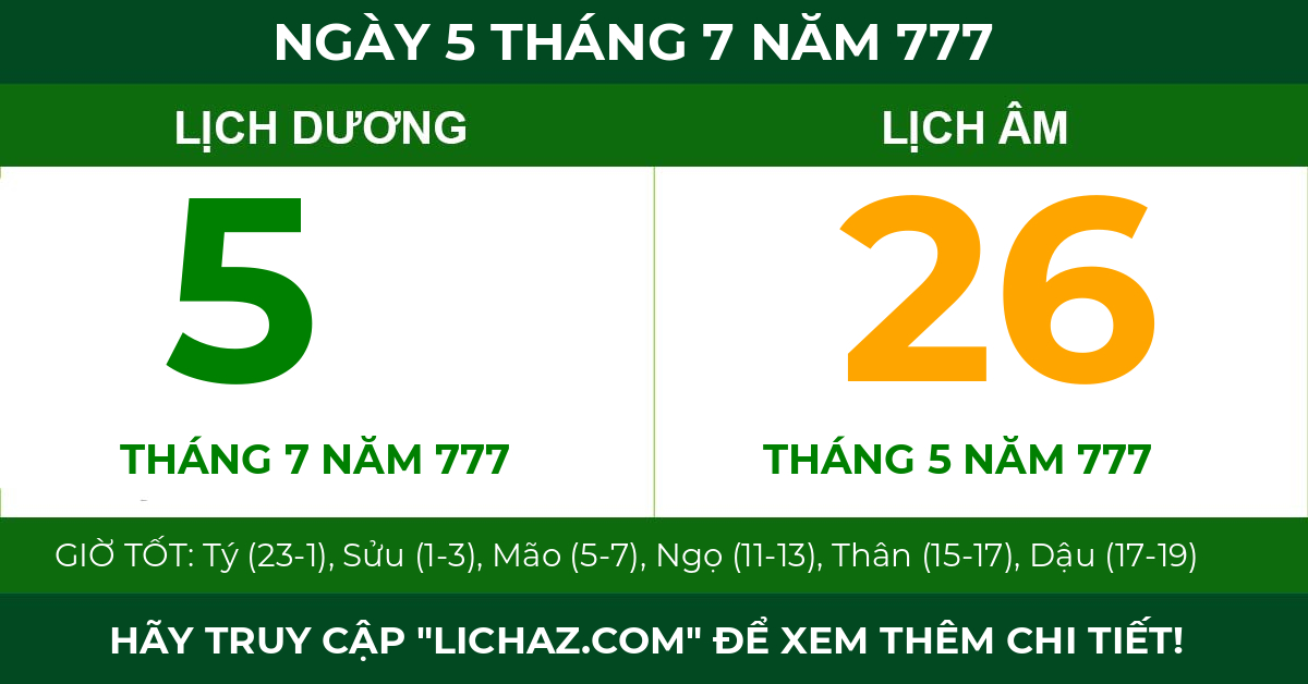 lịch âm ngày 5 tháng 7 năm 777