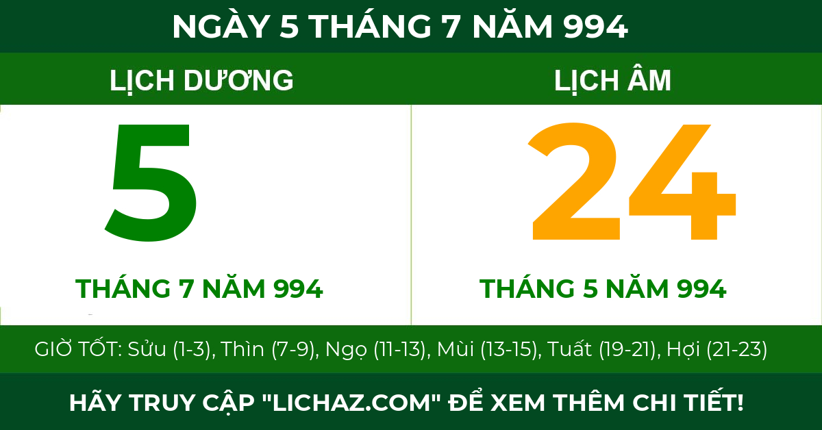 lịch âm ngày 5 tháng 7 năm 994