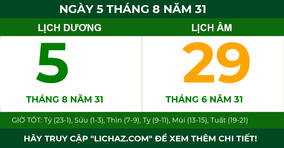 lịch âm ngày 5 tháng 8 năm 31