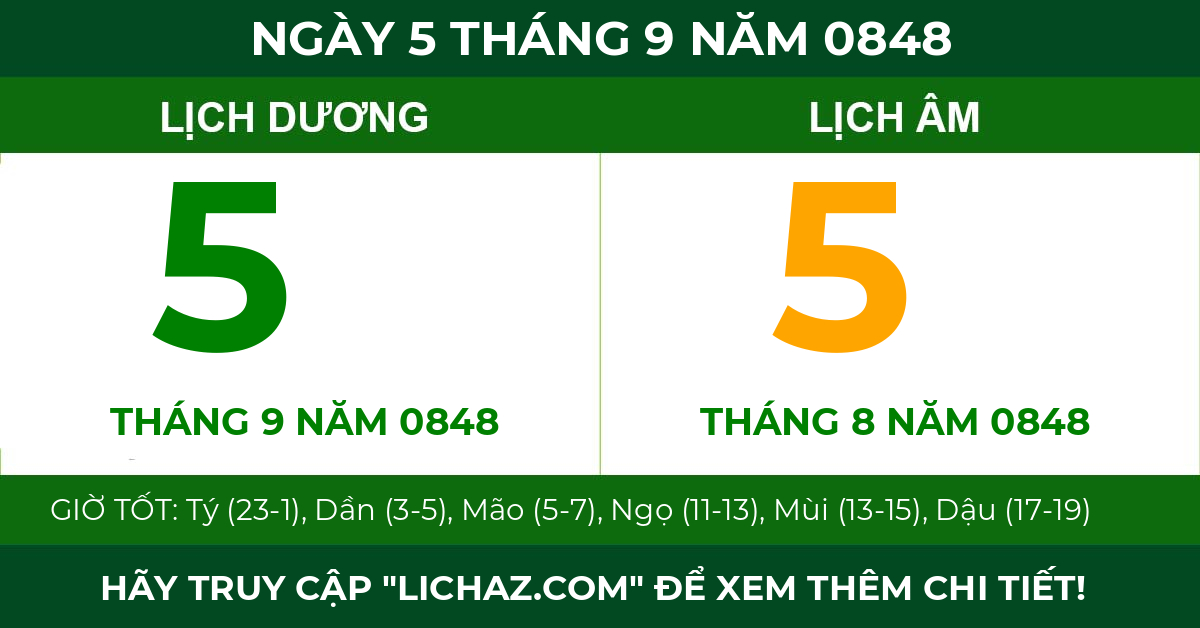 lịch âm ngày 5 tháng 9 năm 0848