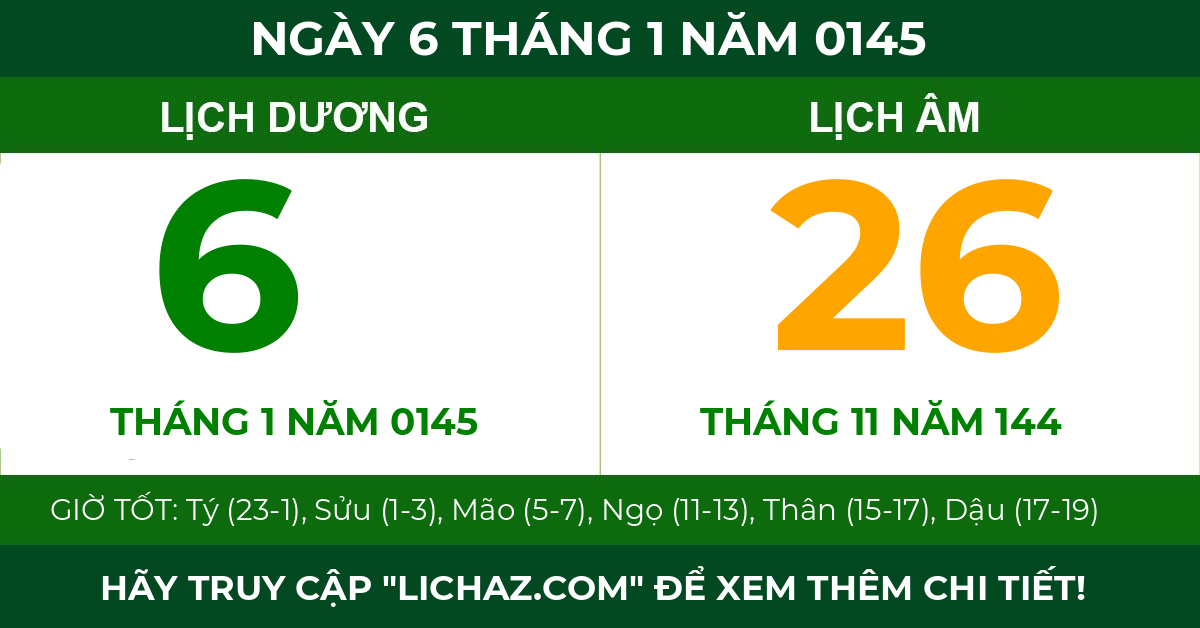 lịch âm ngày 6 tháng 1 năm 0145