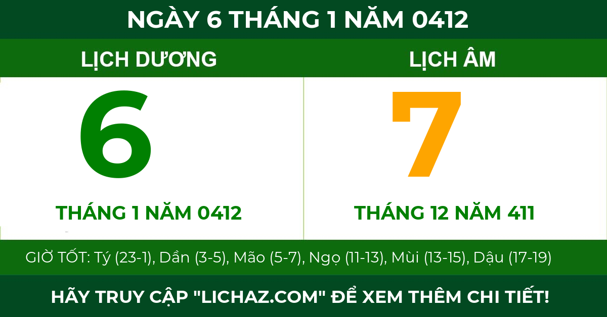 lịch âm ngày 6 tháng 1 năm 0412