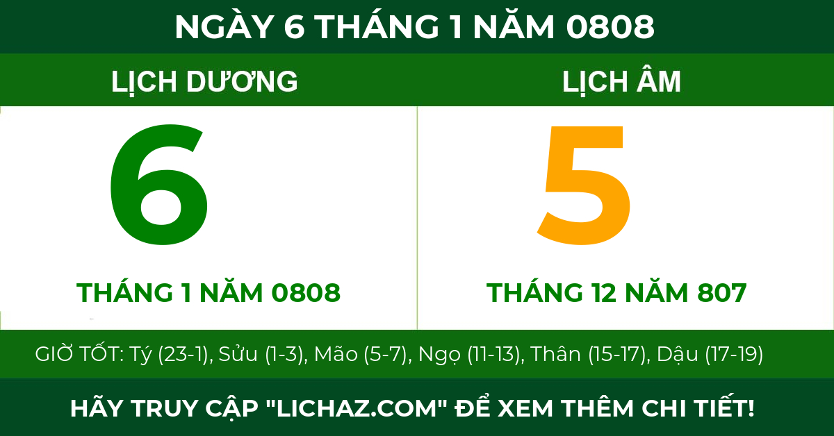 lịch âm ngày 6 tháng 1 năm 0808