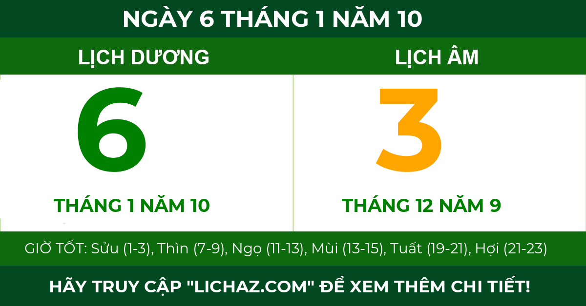 lịch âm ngày 6 tháng 1 năm 10