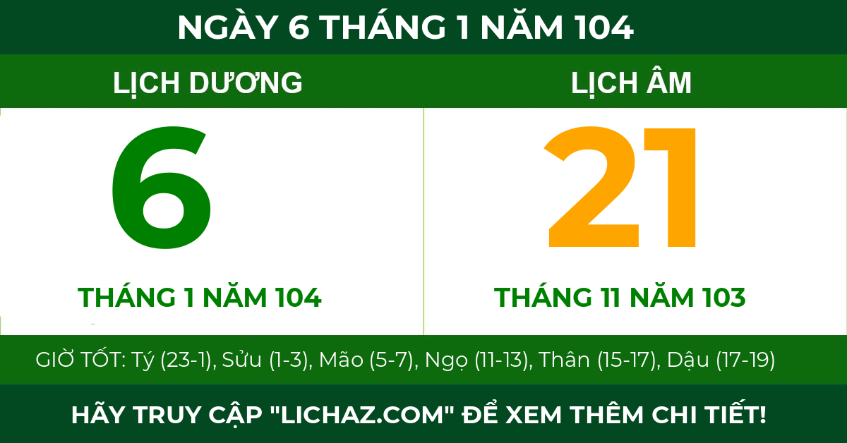 lịch âm ngày 6 tháng 1 năm 104