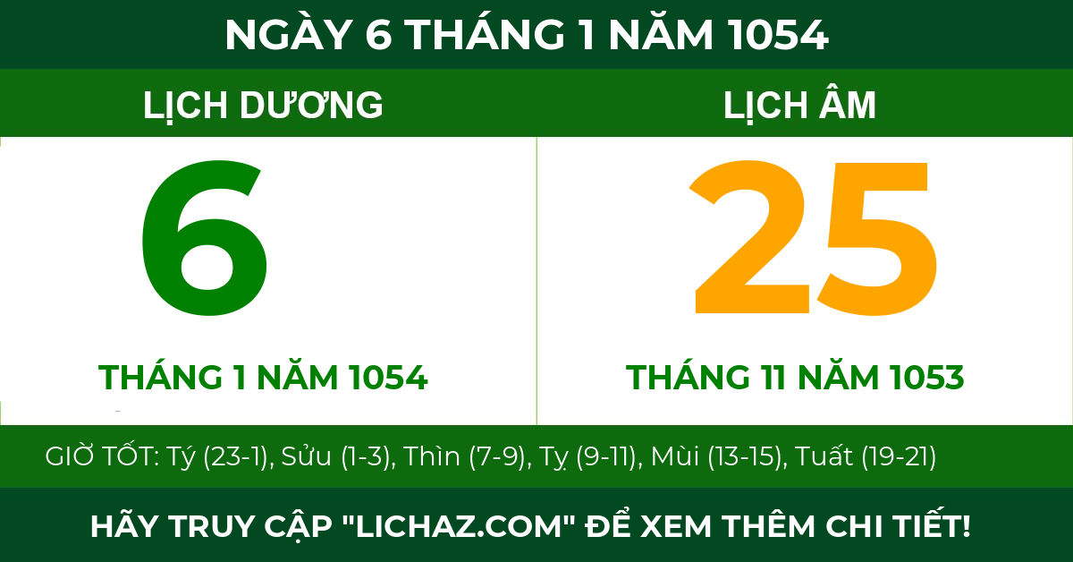 lịch âm ngày 6 tháng 1 năm 1054