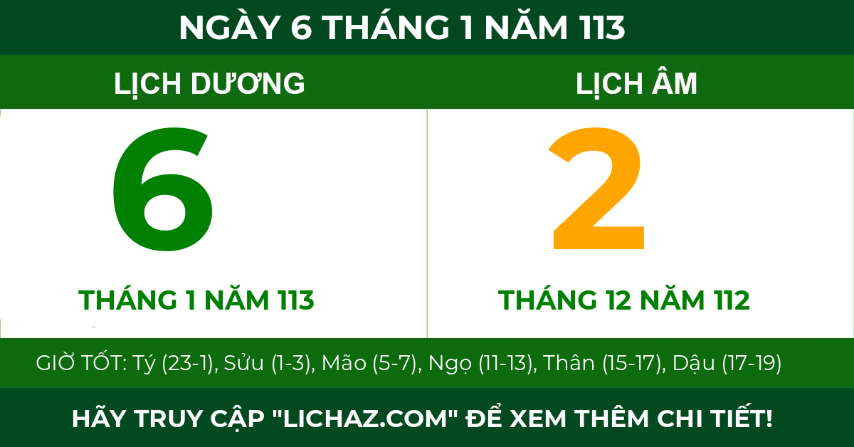 lịch âm ngày 6 tháng 1 năm 113