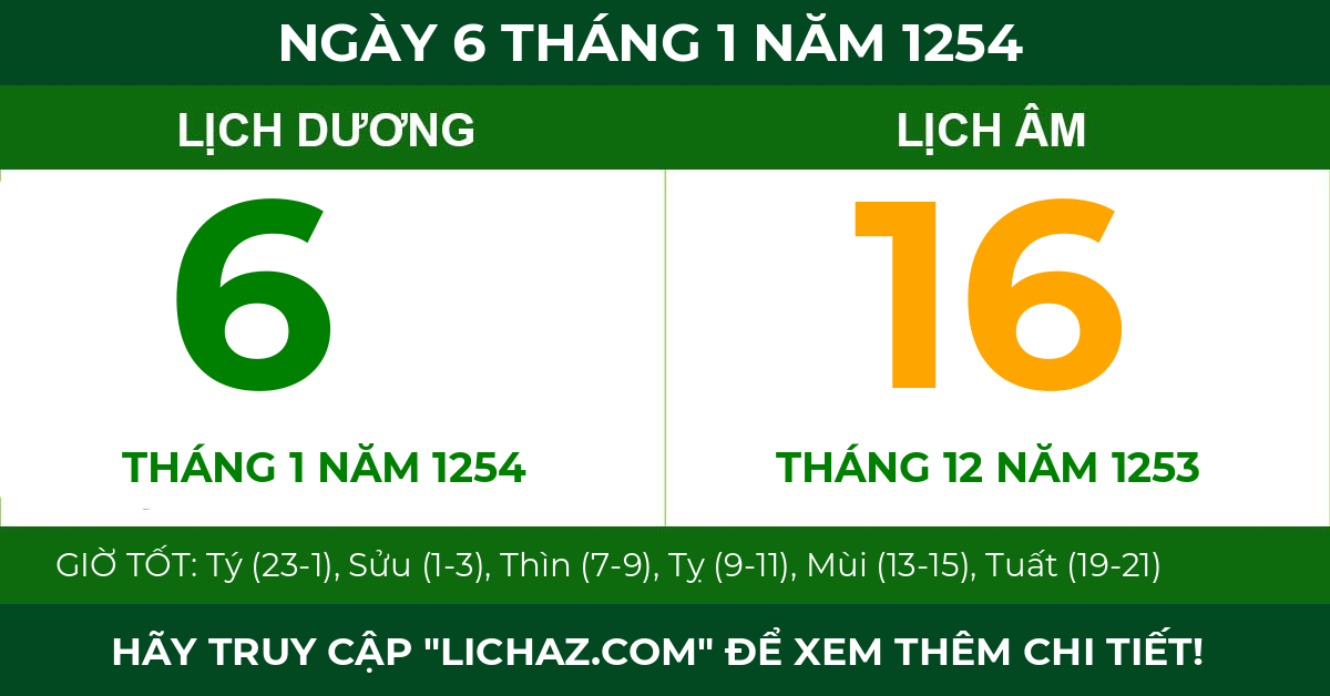 lịch âm ngày 6 tháng 1 năm 1254