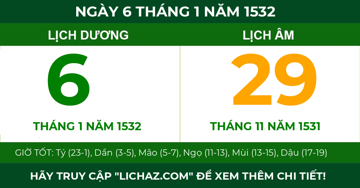 lịch âm ngày 6 tháng 1 năm 1532