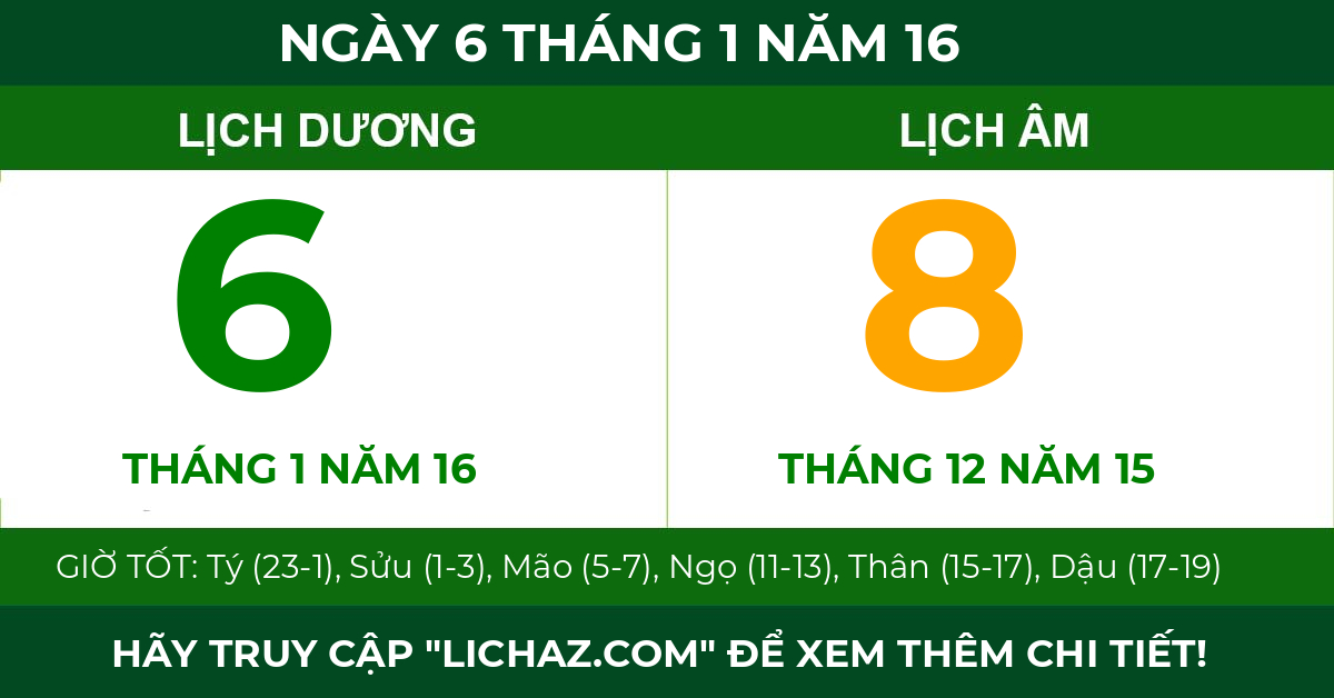 lịch âm ngày 6 tháng 1 năm 16