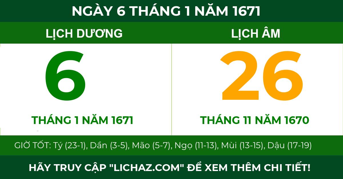 lịch âm ngày 6 tháng 1 năm 1671
