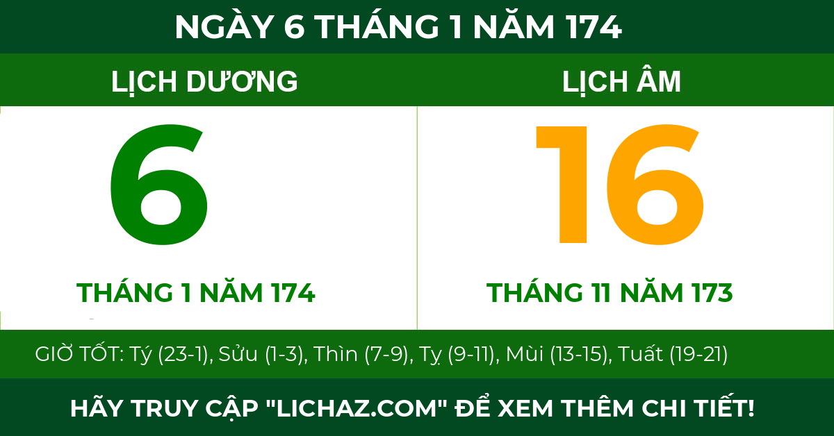 lịch âm ngày 6 tháng 1 năm 174