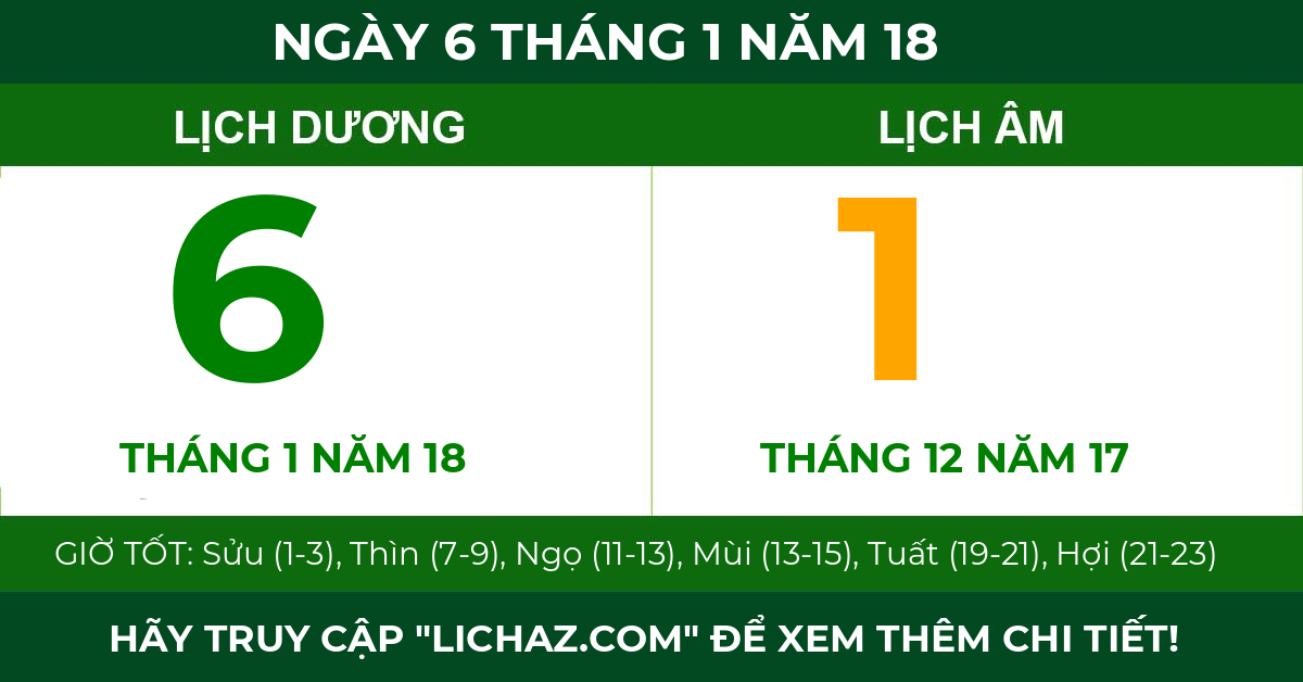 lịch âm ngày 6 tháng 1 năm 18