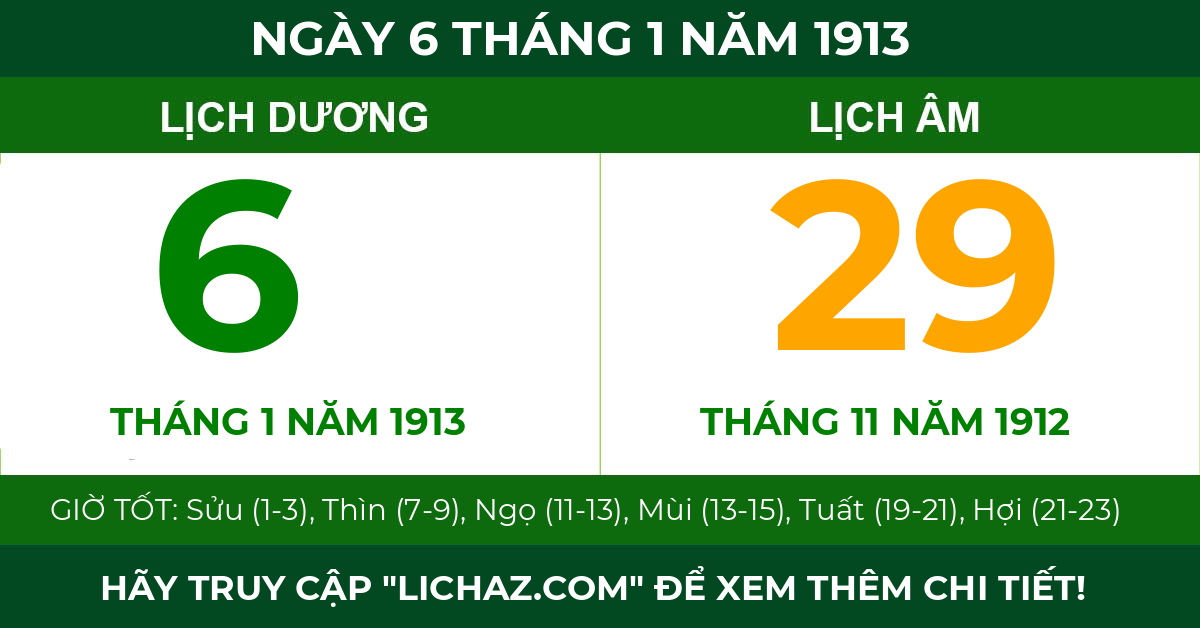 lịch âm ngày 6 tháng 1 năm 1913