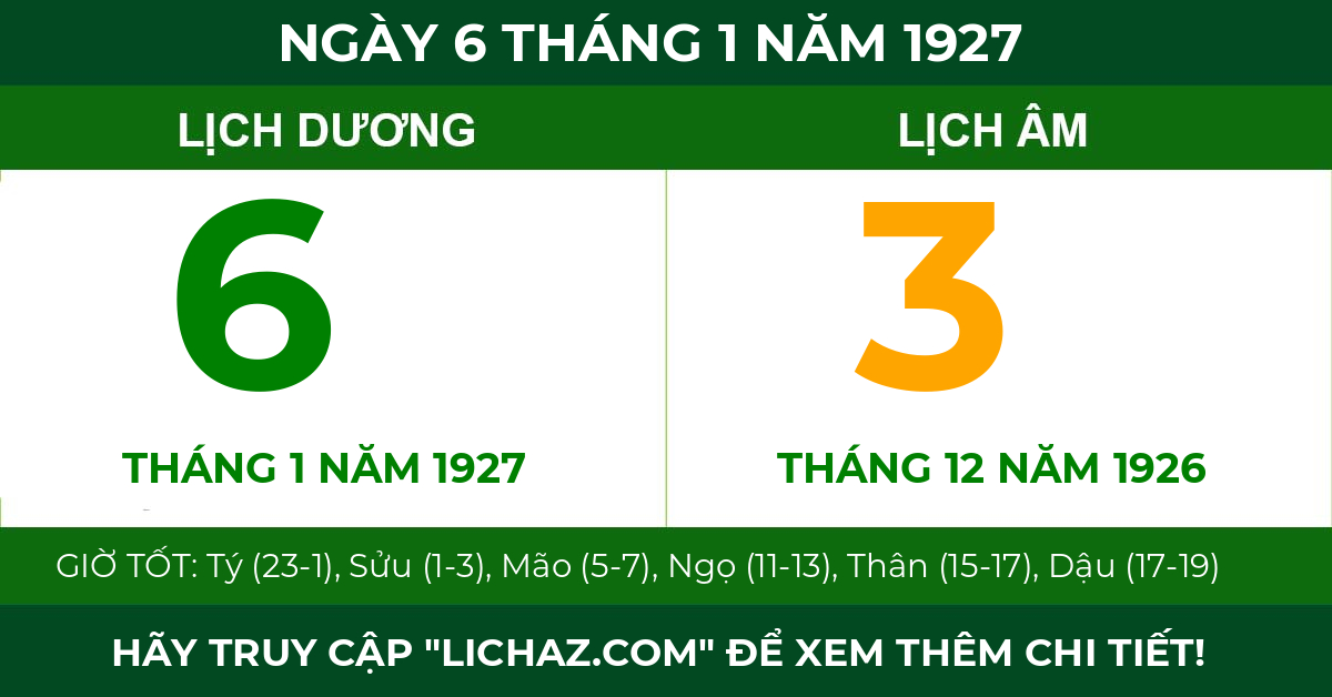 lịch âm ngày 6 tháng 1 năm 1927