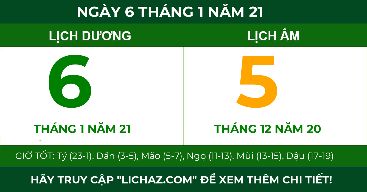 lịch âm ngày 6 tháng 1 năm 21
