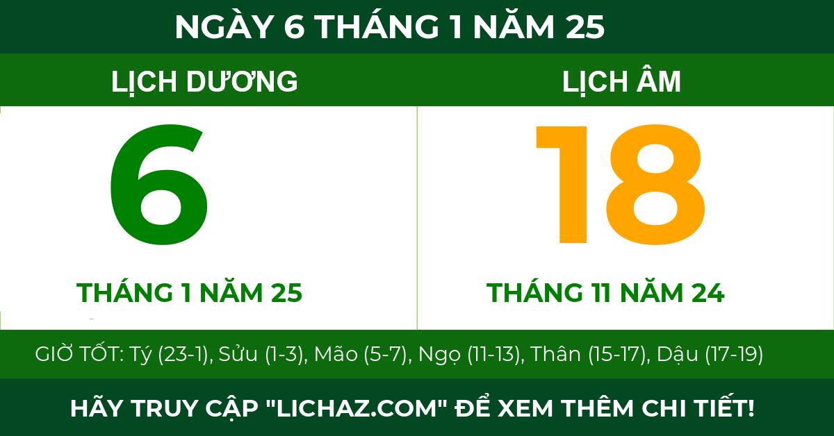lịch âm ngày 6 tháng 1 năm 25