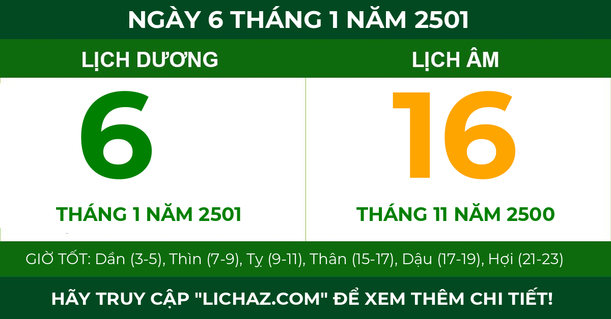lịch âm ngày 6 tháng 1 năm 2501