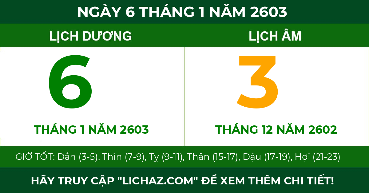 lịch âm ngày 6 tháng 1 năm 2603