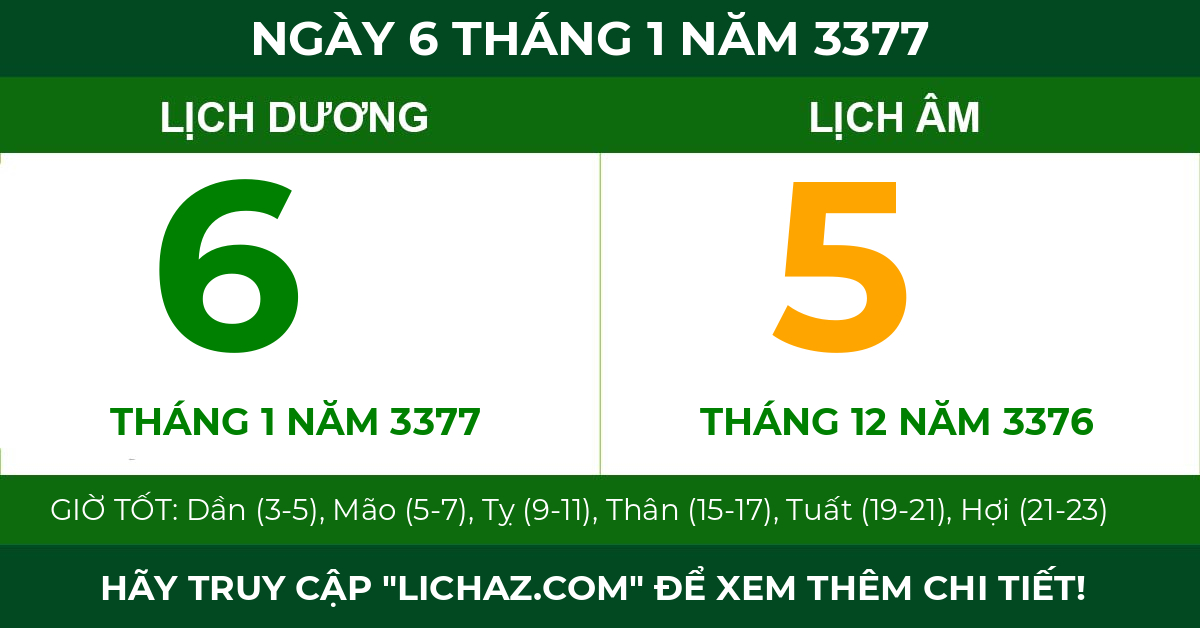 lịch âm ngày 6 tháng 1 năm 3377
