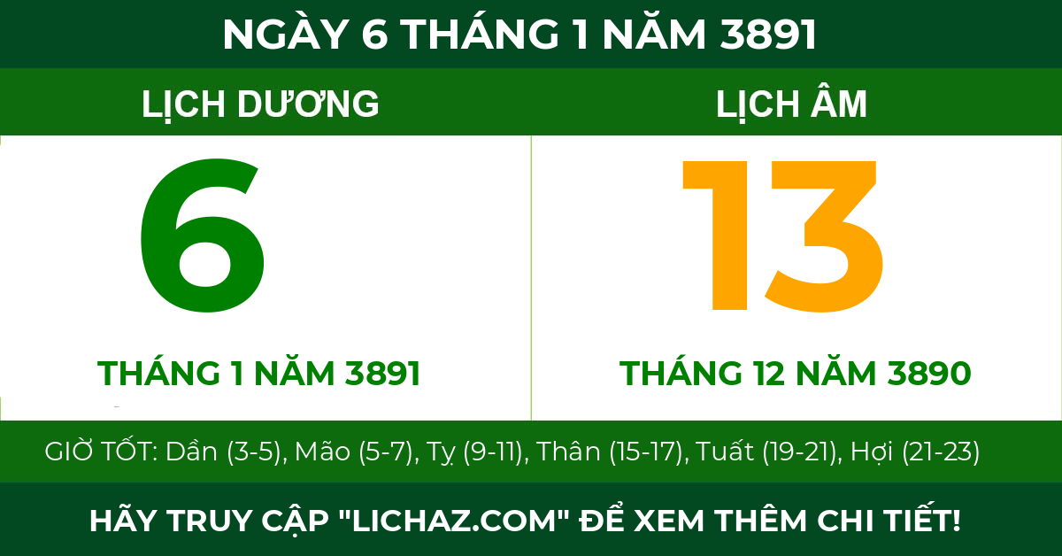 lịch âm ngày 6 tháng 1 năm 3891