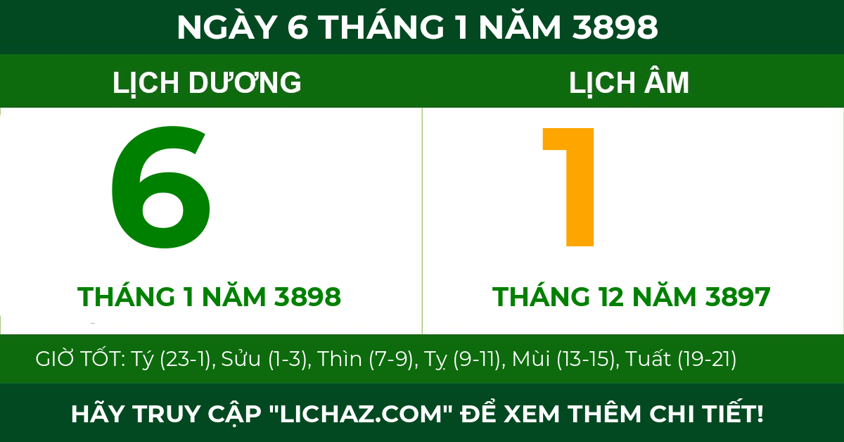 lịch âm ngày 6 tháng 1 năm 3898
