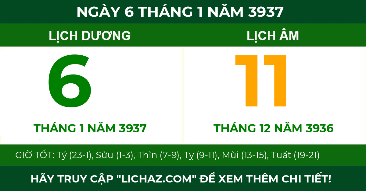 lịch âm ngày 6 tháng 1 năm 3937