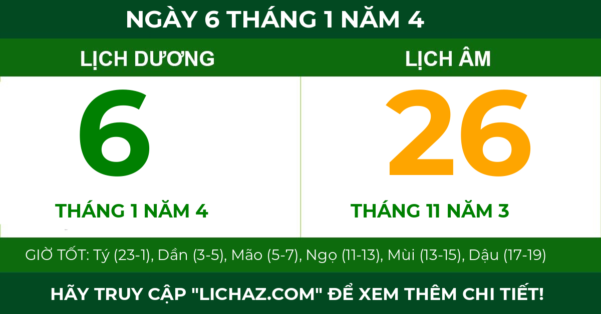 lịch âm ngày 6 tháng 1 năm 4