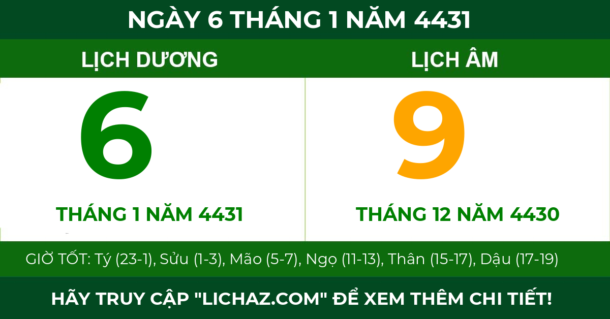 lịch âm ngày 6 tháng 1 năm 4431