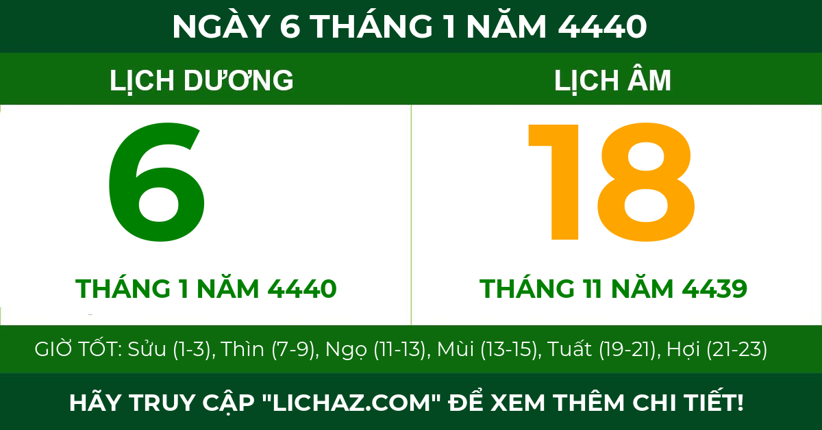 lịch âm ngày 6 tháng 1 năm 4440