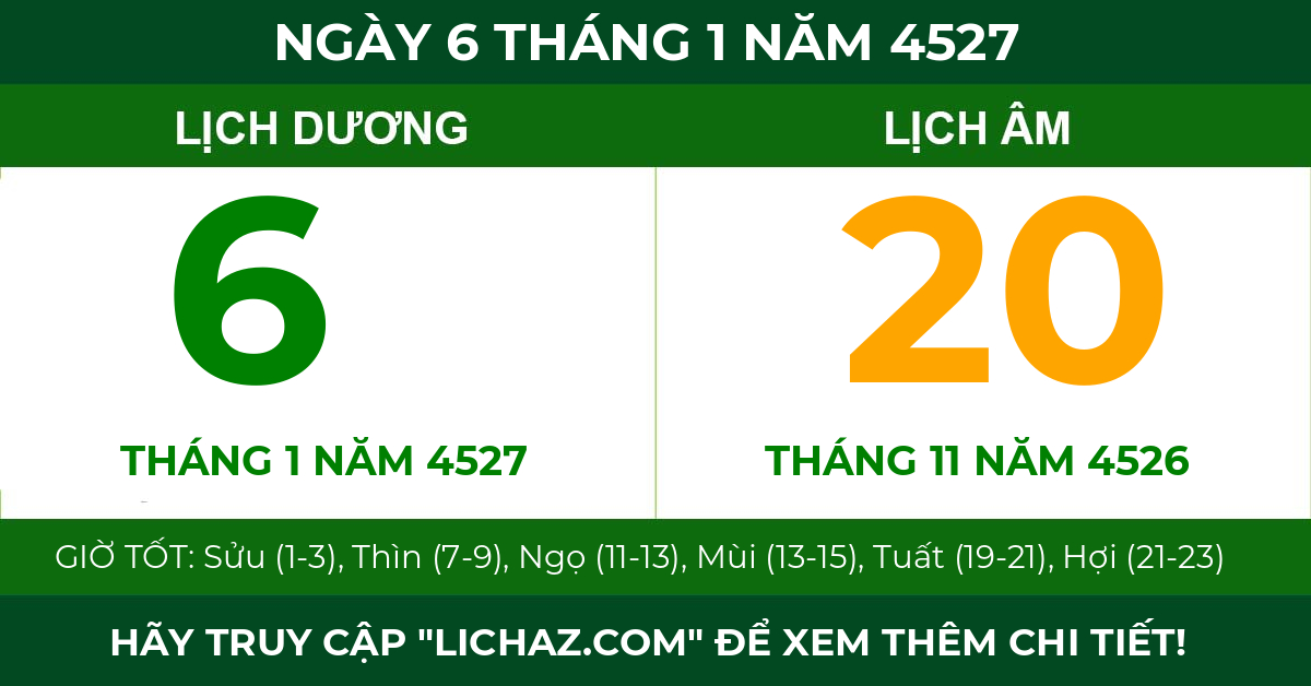 lịch âm ngày 6 tháng 1 năm 4527