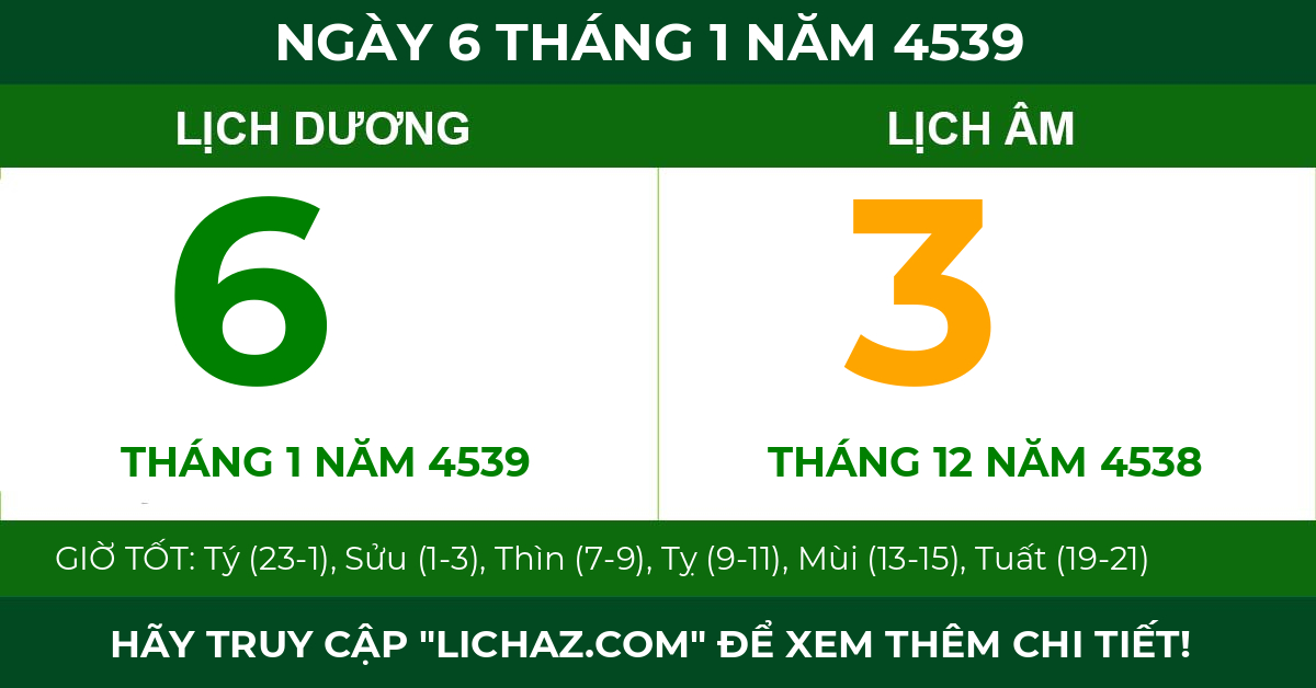 lịch âm ngày 6 tháng 1 năm 4539