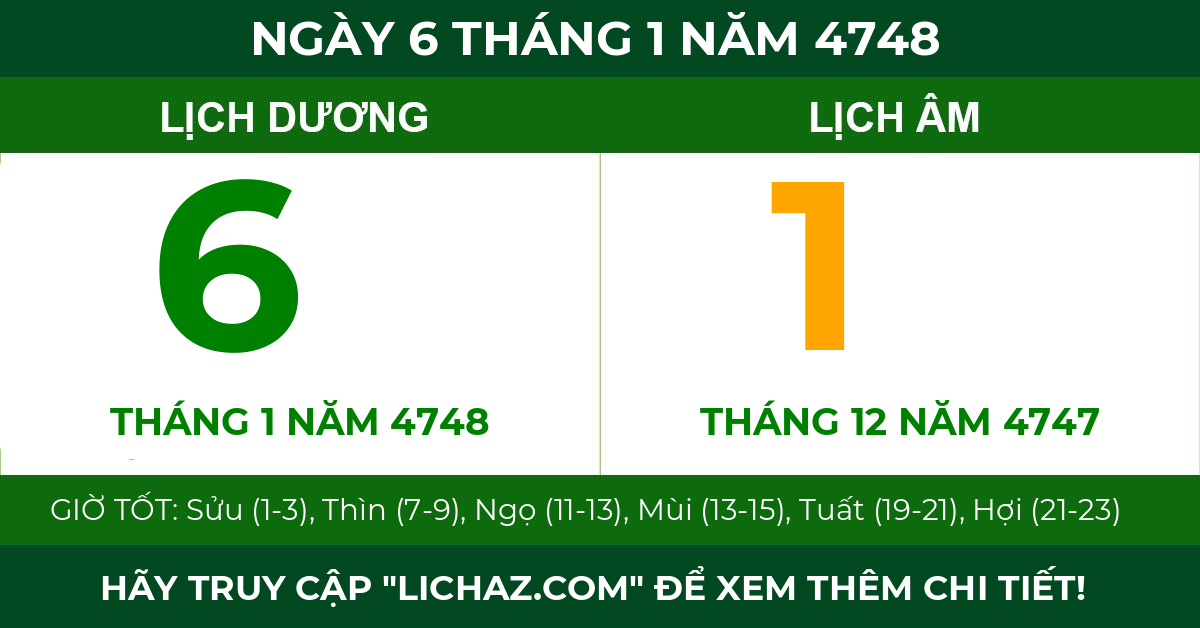 lịch âm ngày 6 tháng 1 năm 4748