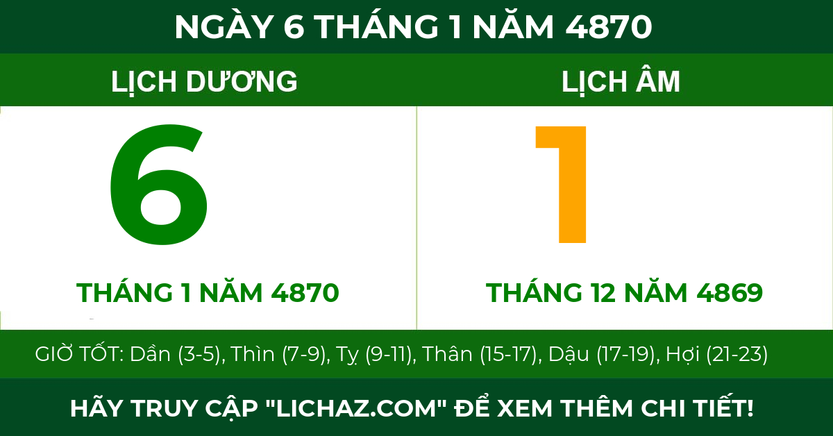 lịch âm ngày 6 tháng 1 năm 4870