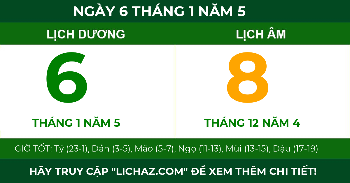 lịch âm ngày 6 tháng 1 năm 5