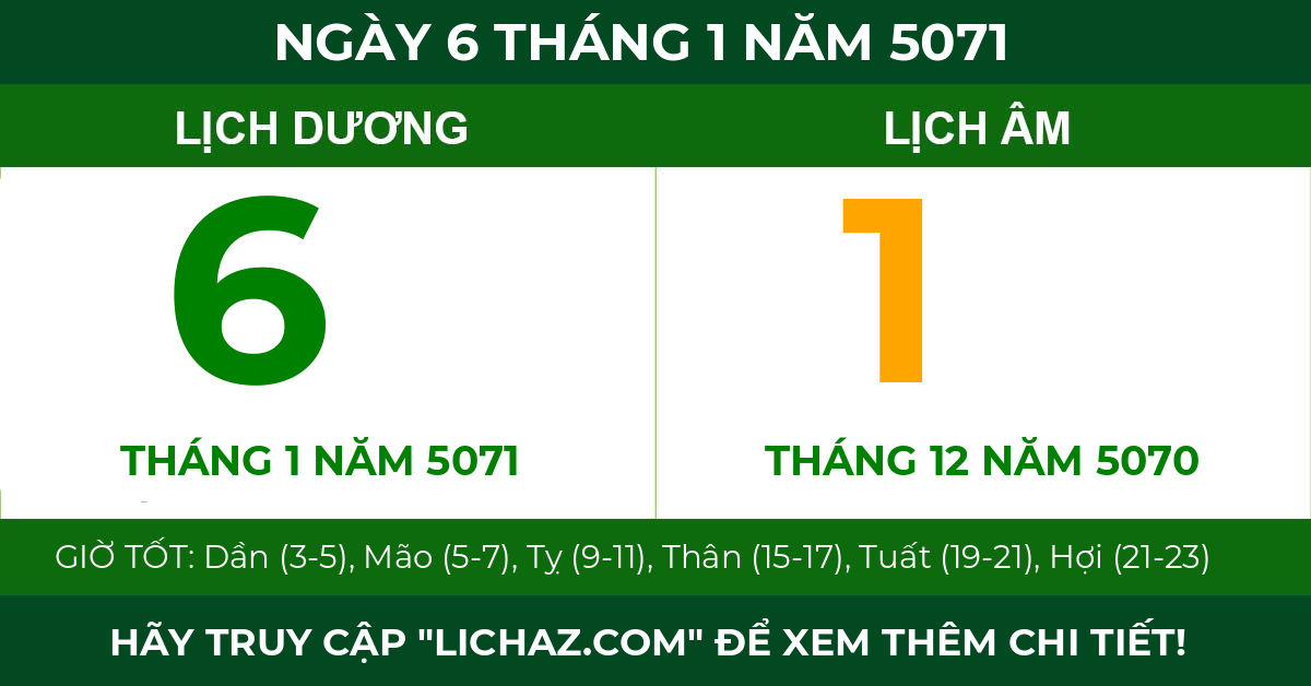 lịch âm ngày 6 tháng 1 năm 5071