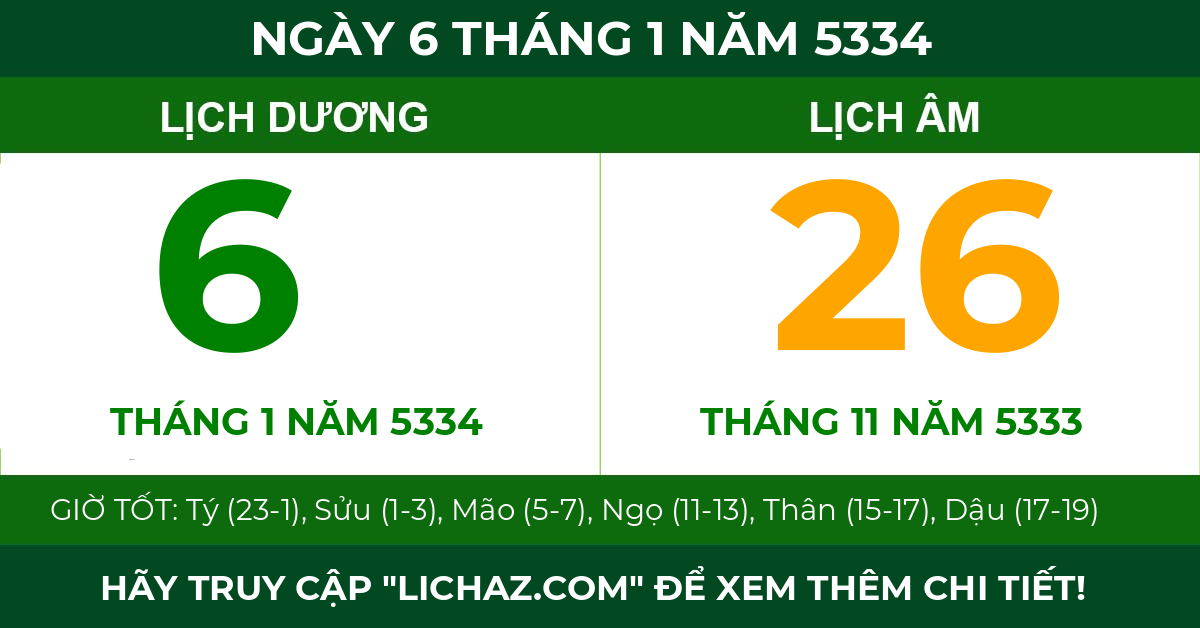 lịch âm ngày 6 tháng 1 năm 5334