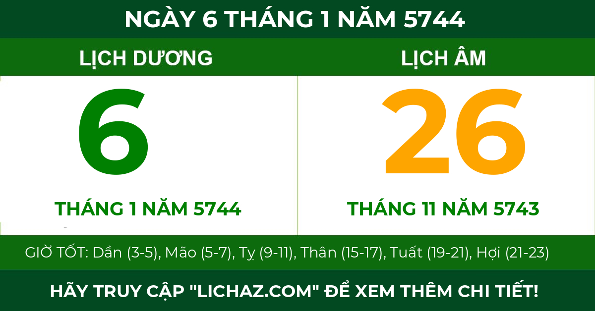 lịch âm ngày 6 tháng 1 năm 5744