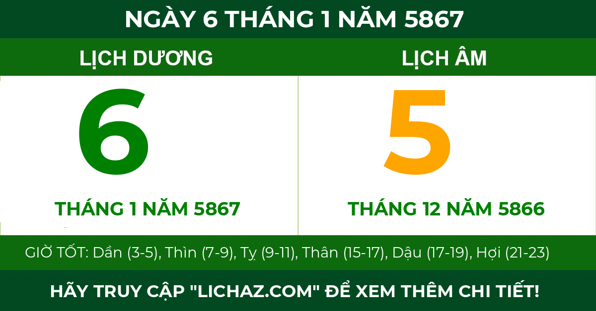 lịch âm ngày 6 tháng 1 năm 5867