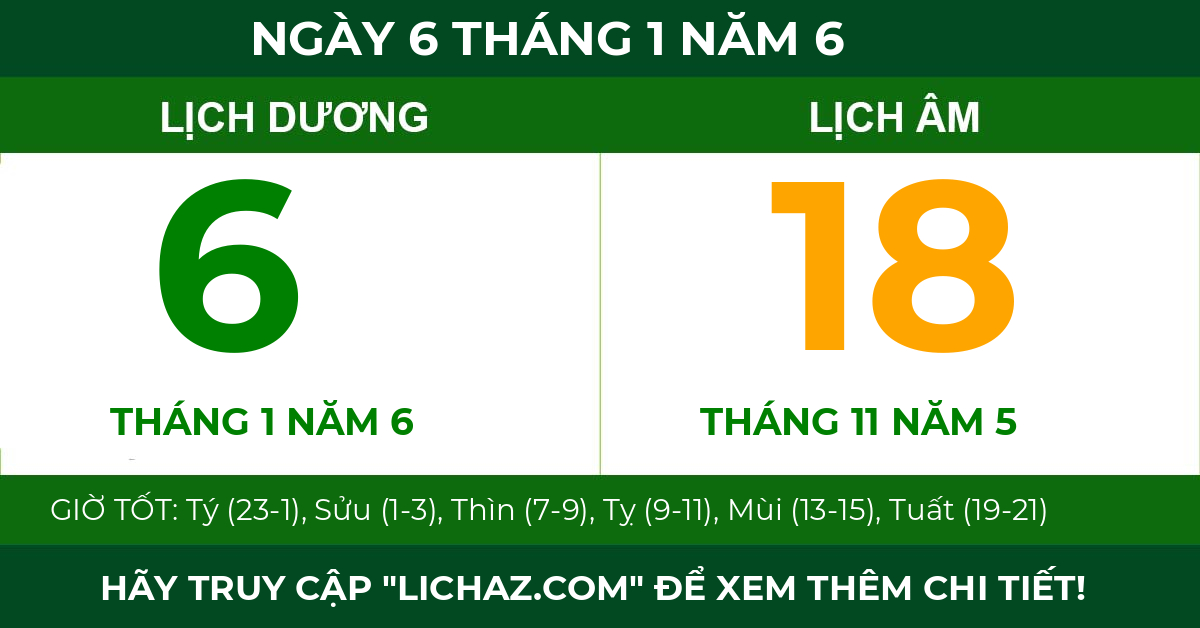 lịch âm ngày 6 tháng 1 năm 6