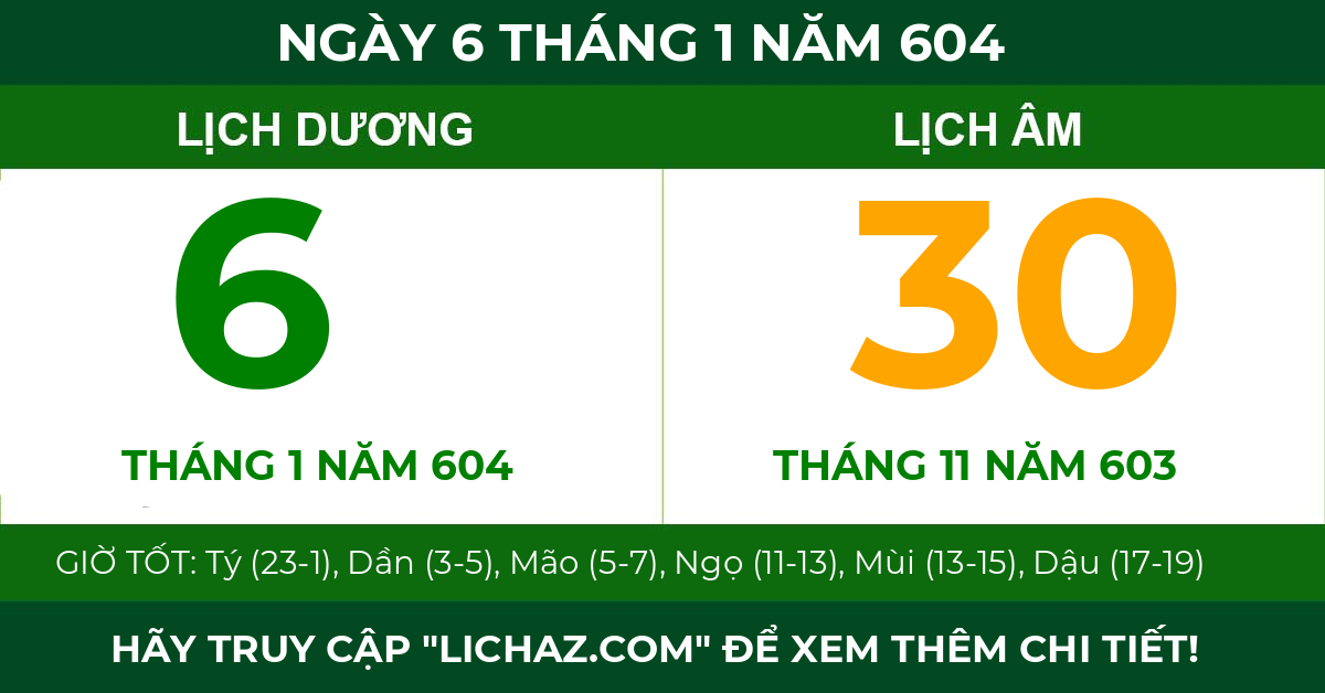 lịch âm ngày 6 tháng 1 năm 604