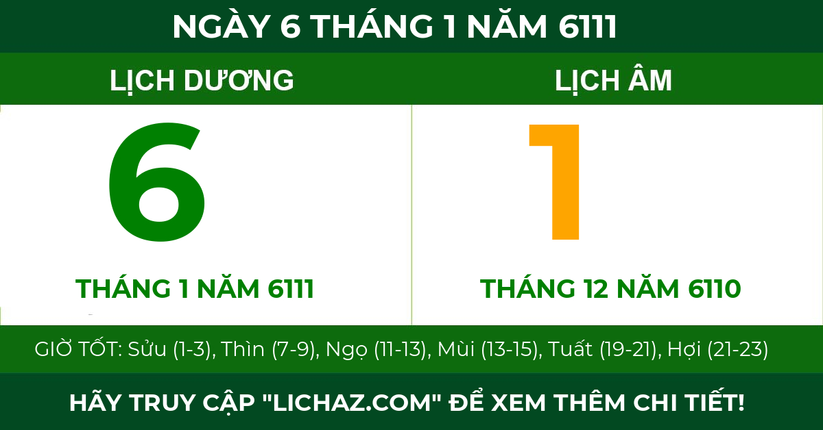 lịch âm ngày 6 tháng 1 năm 6111