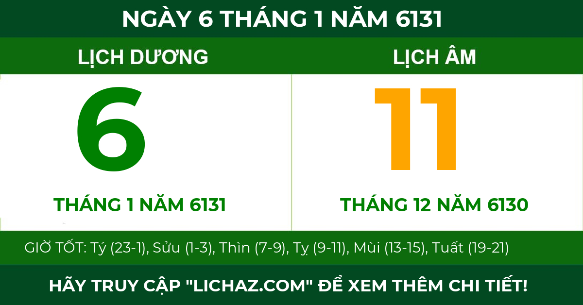 lịch âm ngày 6 tháng 1 năm 6131