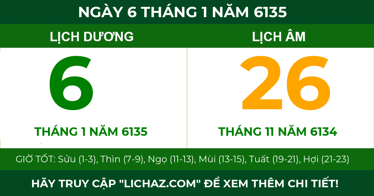 lịch âm ngày 6 tháng 1 năm 6135