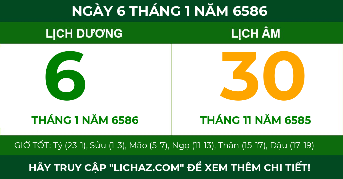 lịch âm ngày 6 tháng 1 năm 6586