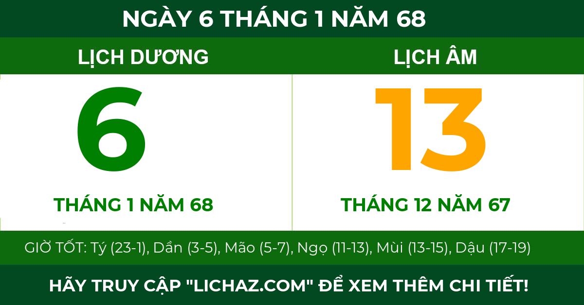 lịch âm ngày 6 tháng 1 năm 68