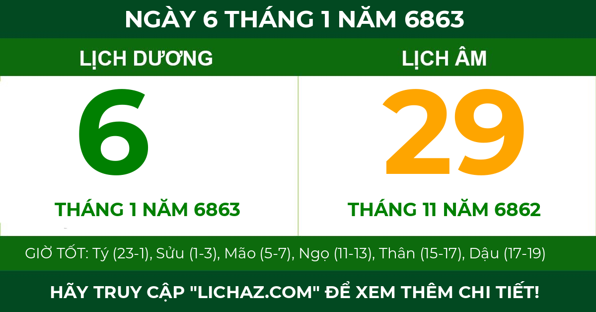 lịch âm ngày 6 tháng 1 năm 6863