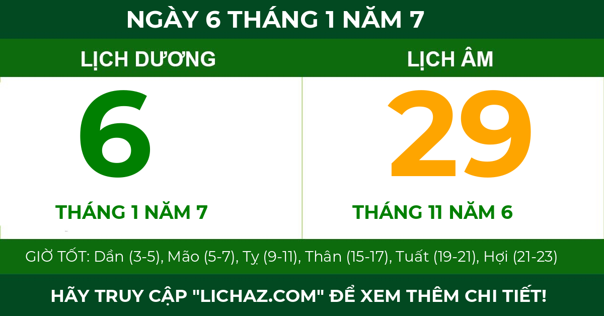 lịch âm ngày 6 tháng 1 năm 7